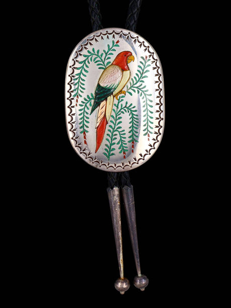 Old Vintage Native Jewelry Sterling Silver Inlay Parrot Bolo Tie - PuebloDirect.com