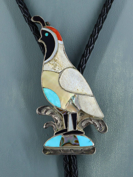 Vintage Estate Zuni Pueblo Sterling Silver Inlaid Quail Bolo Tie - PuebloDirect.com