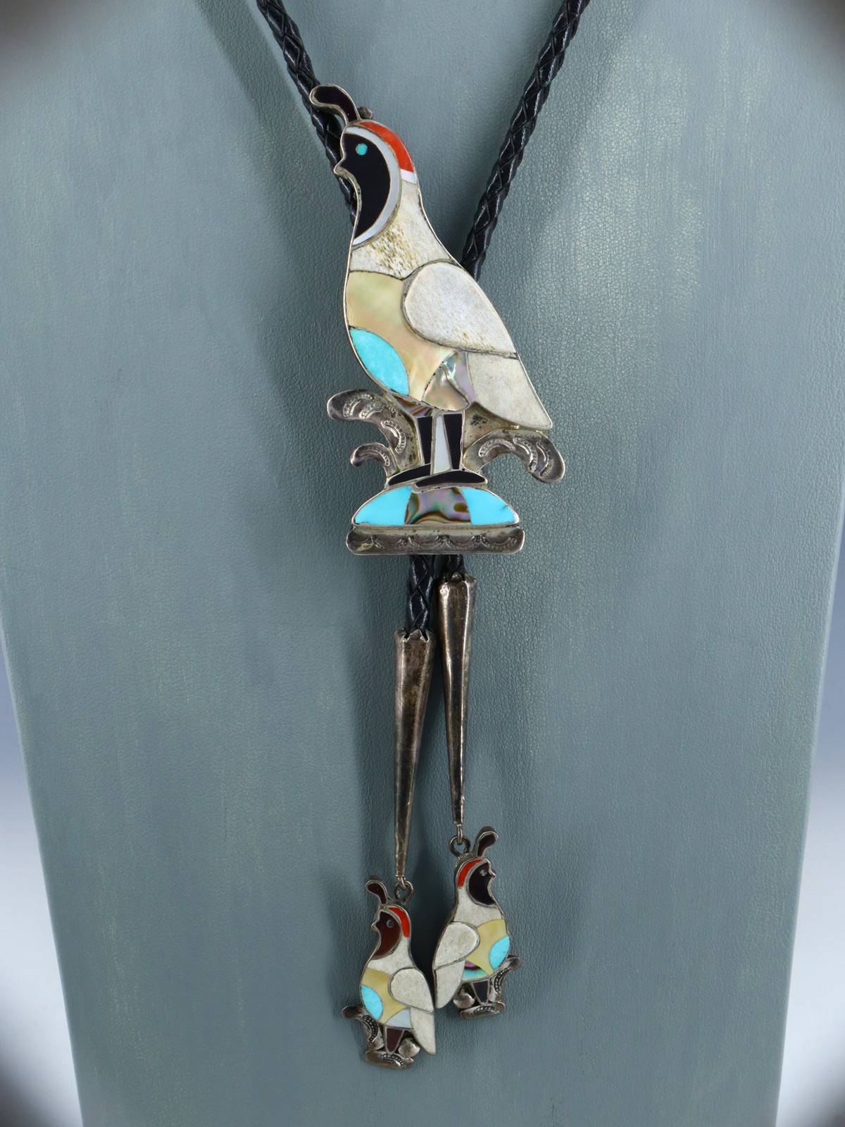 Vintage Estate Zuni Pueblo Sterling Silver Inlaid Quail Bolo Tie - PuebloDirect.com