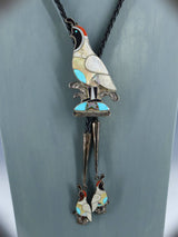 Vintage Estate Zuni Pueblo Sterling Silver Inlaid Quail Bolo Tie - PuebloDirect.com