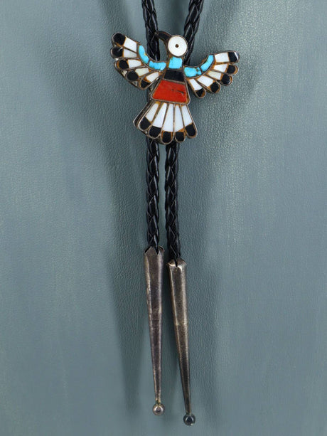 Vintage Zuni Sterling Silver Inlay Eagle Bolo Tie