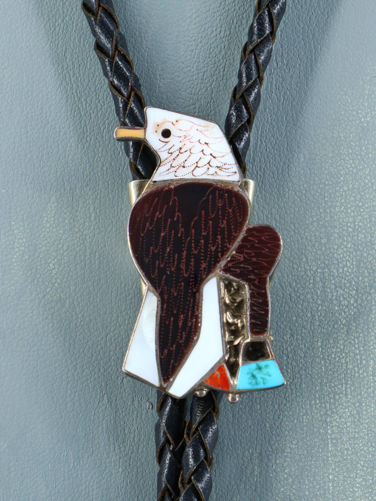 Old Vintage Zuni Jewelry Sterling Silver Inlay Eagle Bolo Tie - PuebloDirect.com