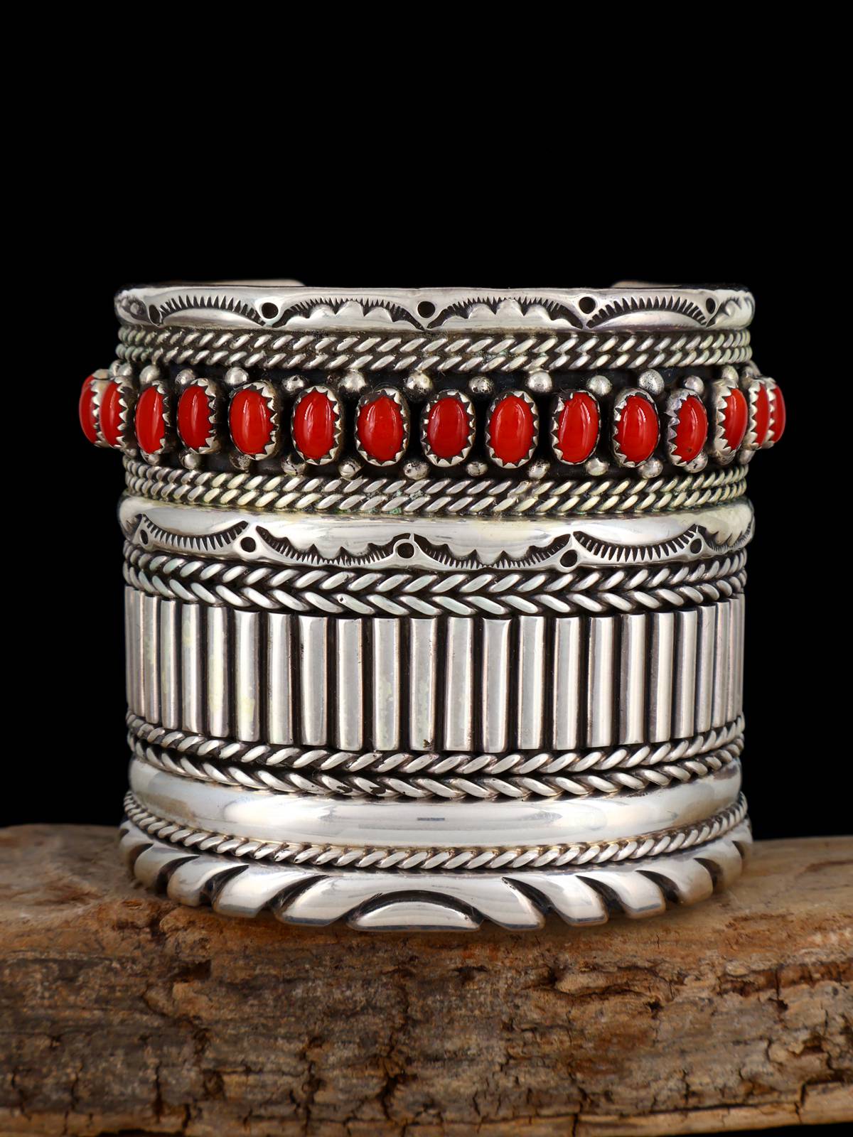 Vintage Navajo Heavy Sterling Silver Coral Cuff Bracelet 