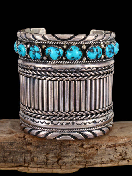 Vintage Navajo Heavy Sterling Silver Turquoise Cuff Bracelet - PuebloDirect.com