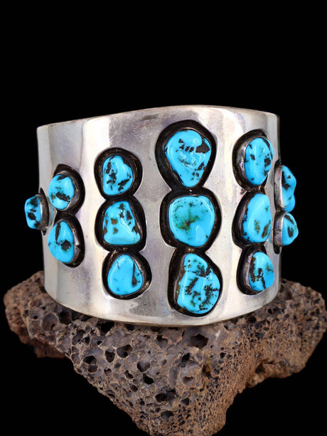 Heavy Old Kingman Turquoise Sterling Silver Shadowbox Cuff Bracelet - PuebloDirect.com
