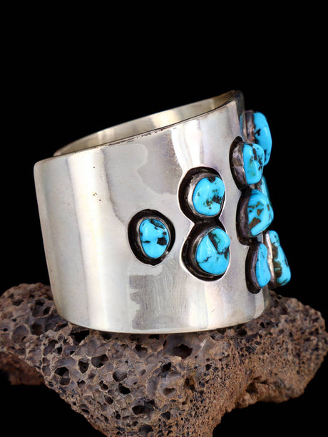 Heavy Old Kingman Turquoise Sterling Silver Shadowbox Cuff Bracelet - PuebloDirect.com