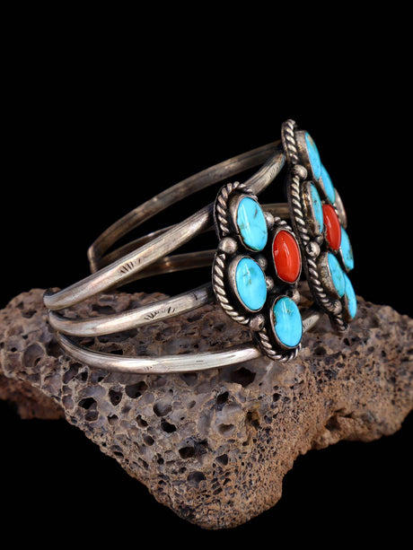 Vintage Turquoise and Coral Sterling Silver Cluster Cuff Bracelet - PuebloDirect.com