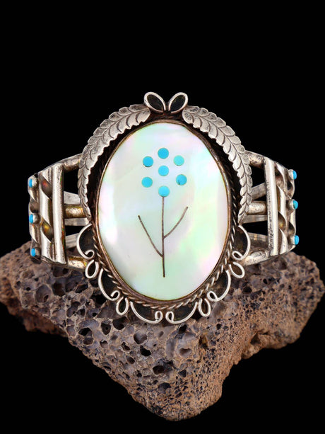 Estate Vintage Navajo Sterling Silver Inlay Flower Cuff Bracelet - PuebloDirect.com