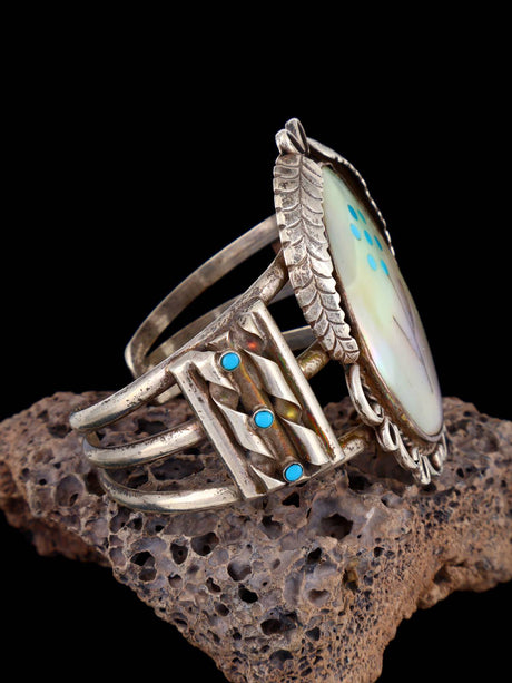 Estate Vintage Navajo Sterling Silver Inlay Flower Cuff Bracelet - PuebloDirect.com