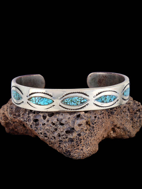 Vintage Estate Heavy Sterling Silver Turquoise Chip Inlay Cuff Bracelet - PuebloDirect.com