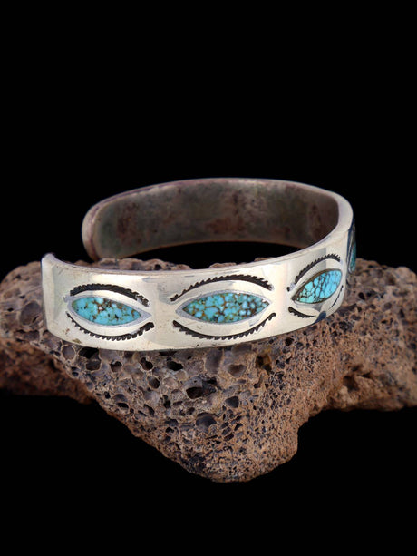 Vintage Estate Heavy Sterling Silver Turquoise Chip Inlay Cuff Bracelet - PuebloDirect.com