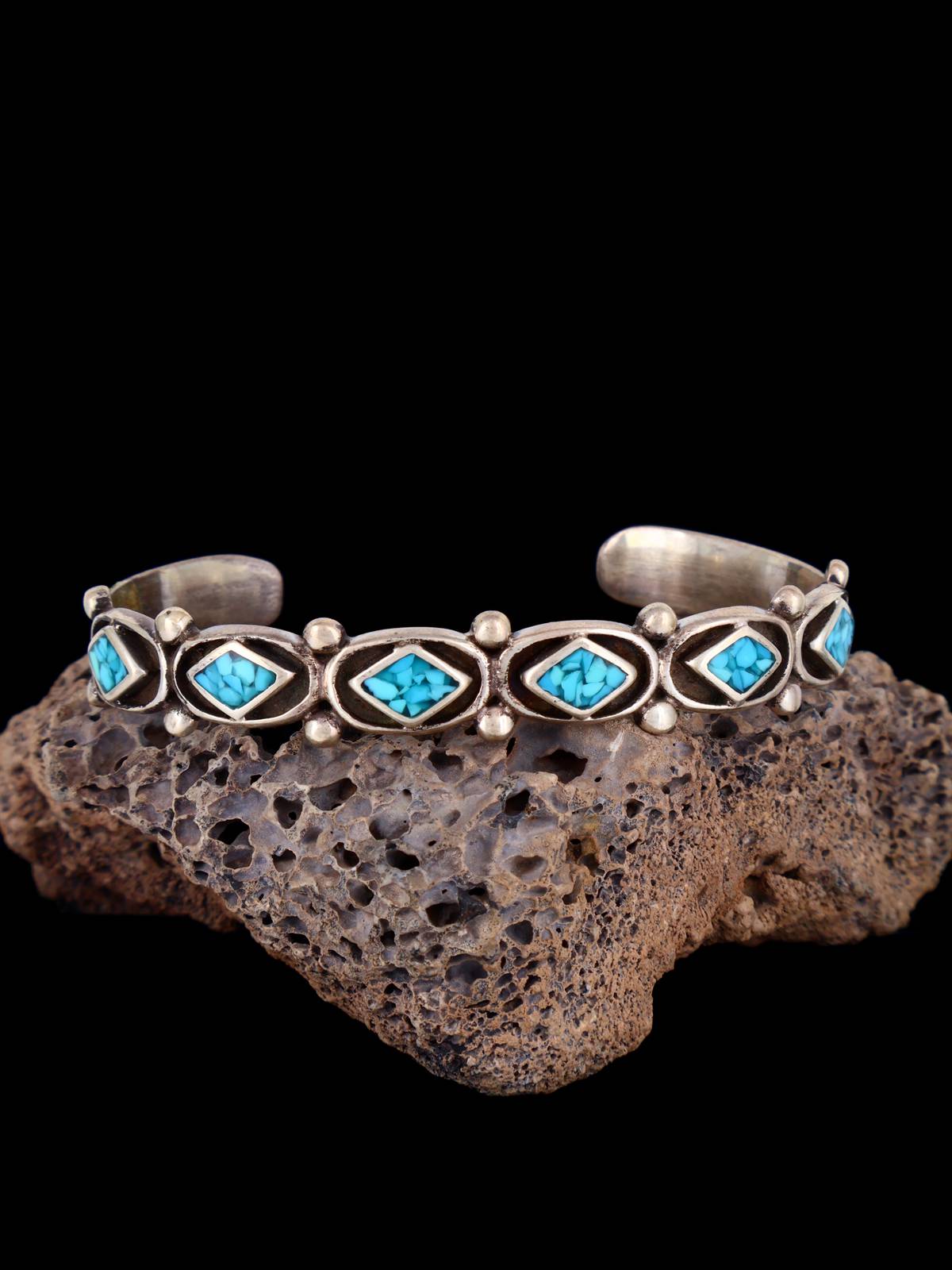 Vintage Estate Sterling Silver Turquoise Chip Inlay Cuff Bracelet - PuebloDirect.com