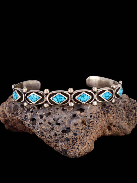 Vintage Estate Sterling Silver Turquoise Chip Inlay Cuff Bracelet - PuebloDirect.com