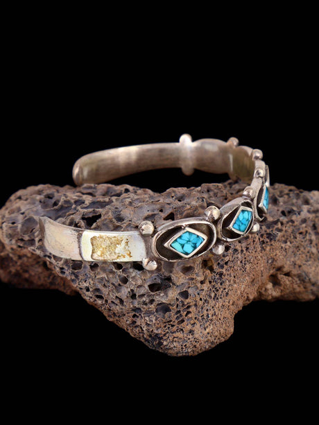 Vintage Estate Sterling Silver Turquoise Chip Inlay Cuff Bracelet - PuebloDirect.com