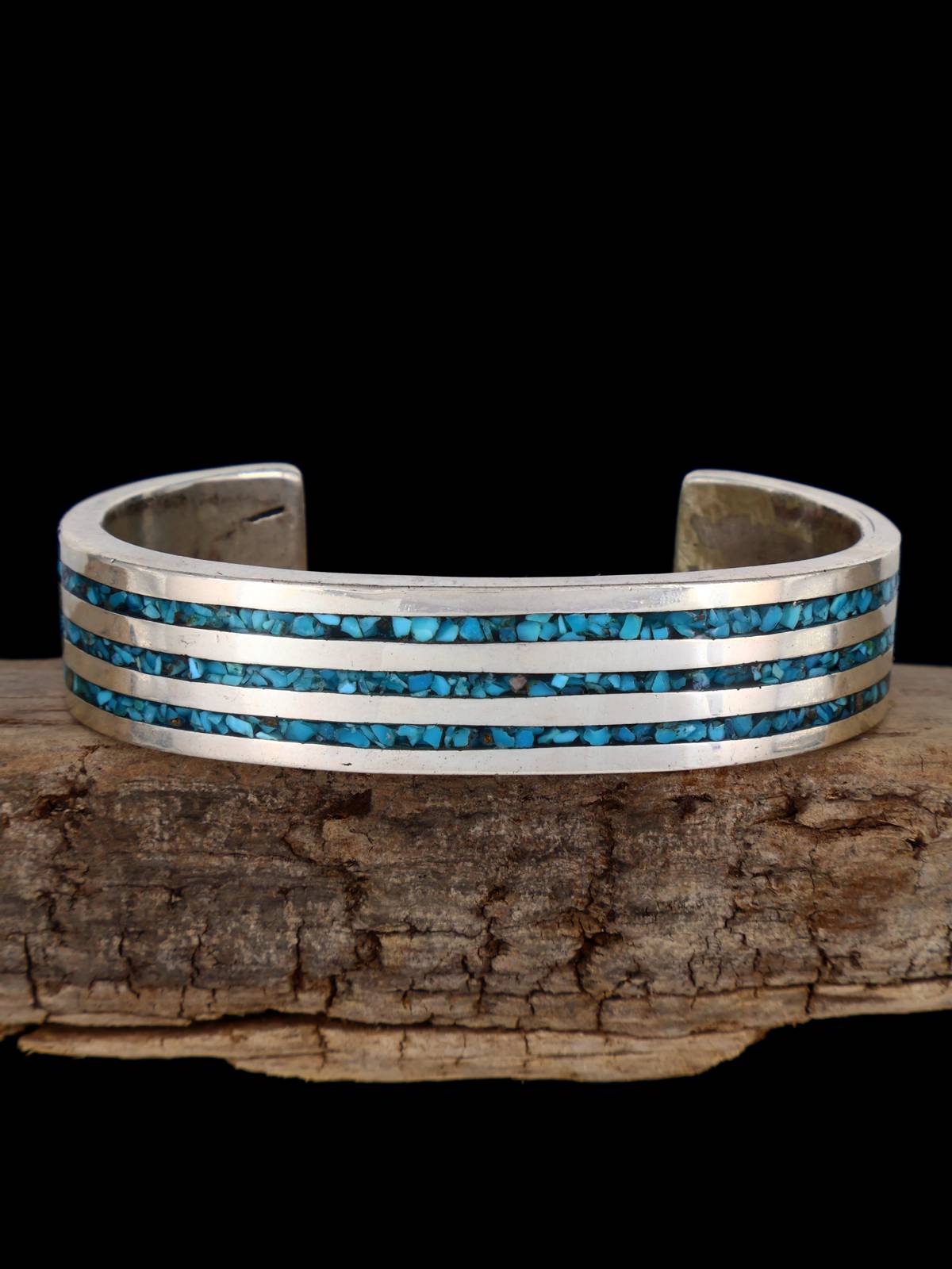 Vintage Estate Sterling Silver Turquoise Chip Inlay Cuff Bracelet - PuebloDirect.com