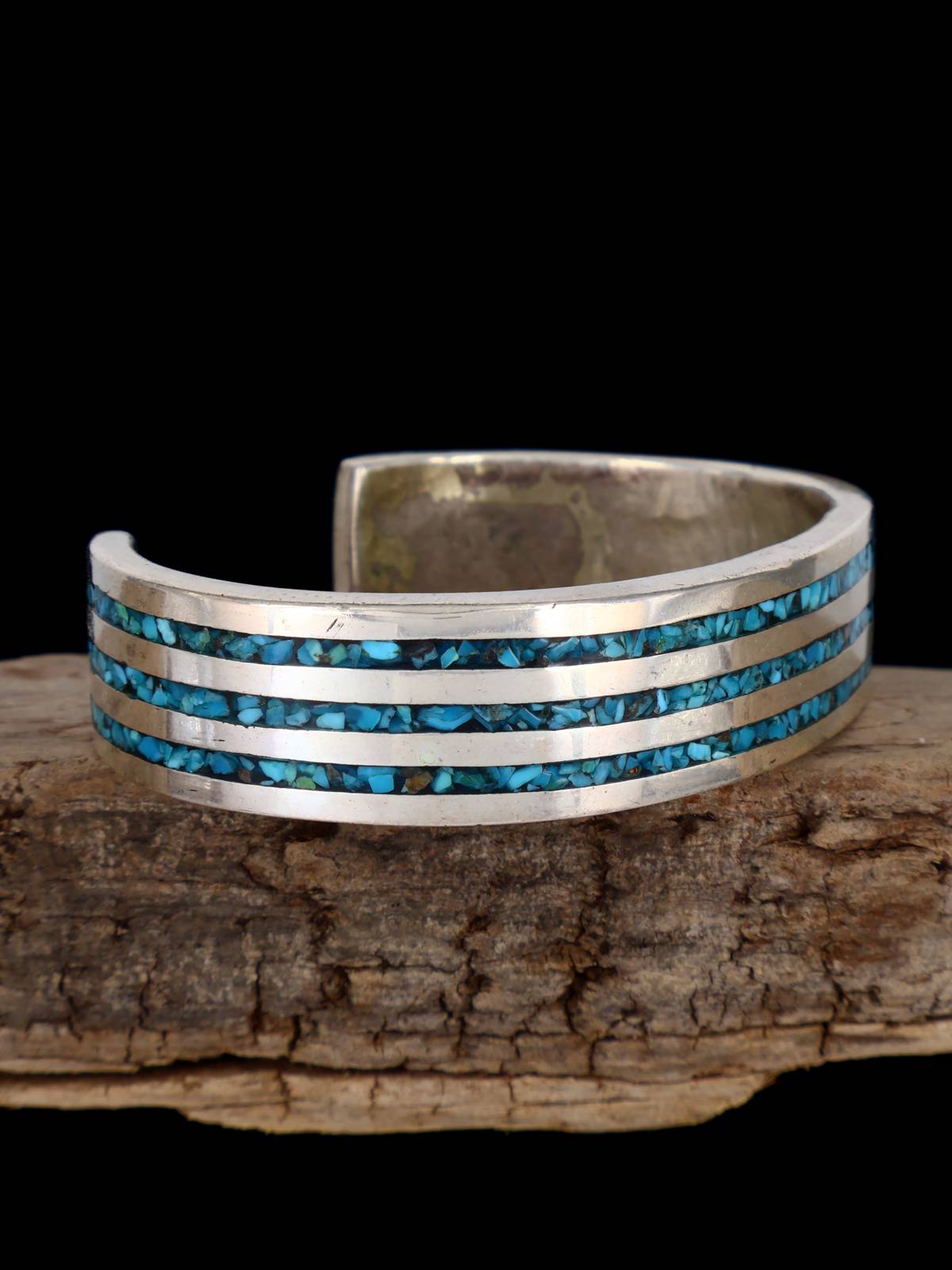 Vintage Estate Sterling Silver Turquoise Chip Inlay Cuff Bracelet - PuebloDirect.com