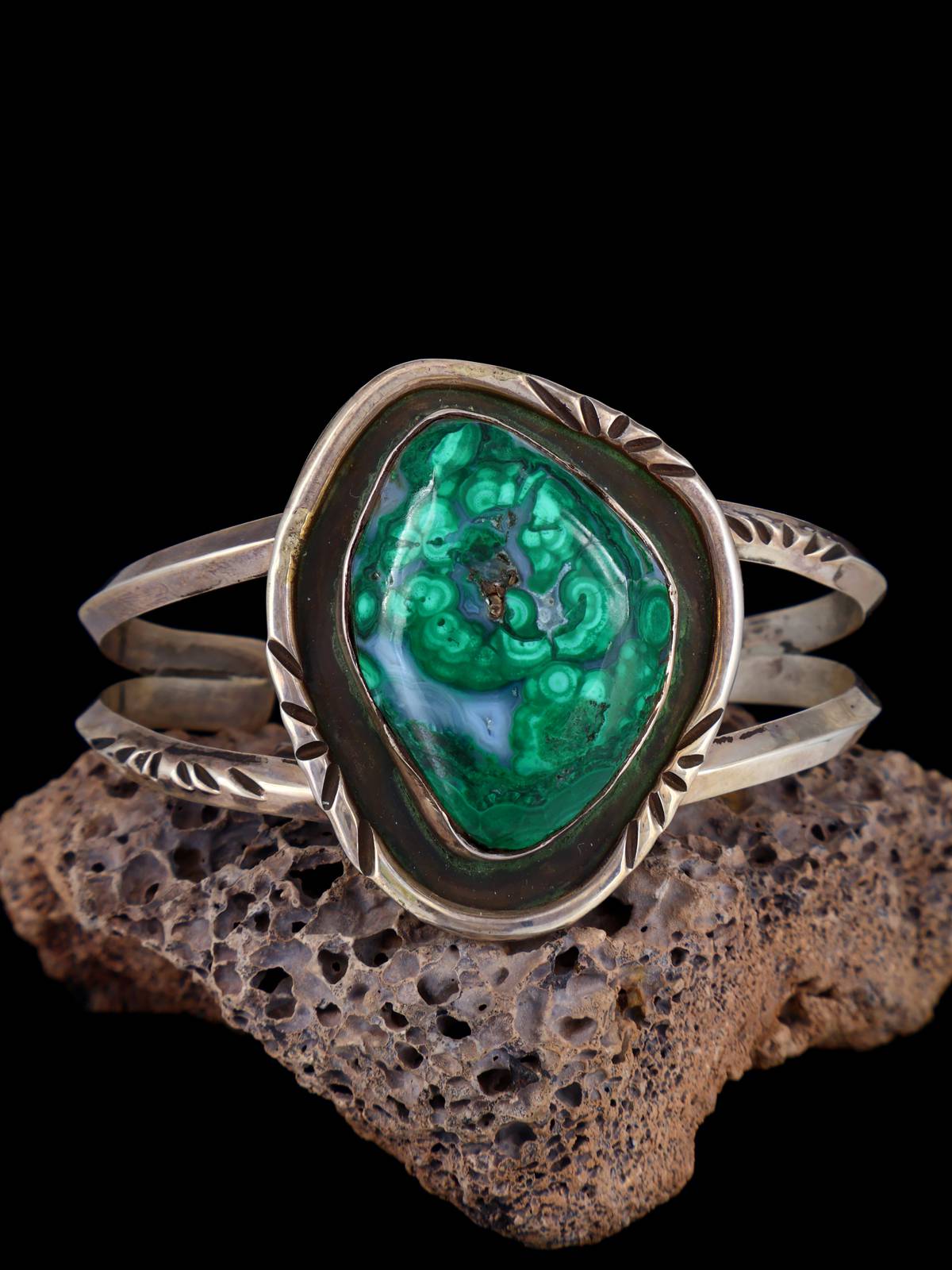 Vintage Estate Sterling Silver Malachite Cuff Bracelet - PuebloDirect.com