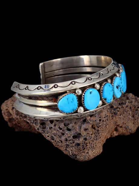 Vintage Estate Sterling Silver Turquoise Cuff Bracelet - PuebloDirect.com
