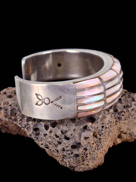 Vintage Estate Native American Sterling Silver Pink Shell Inlay Cuff Bracelet