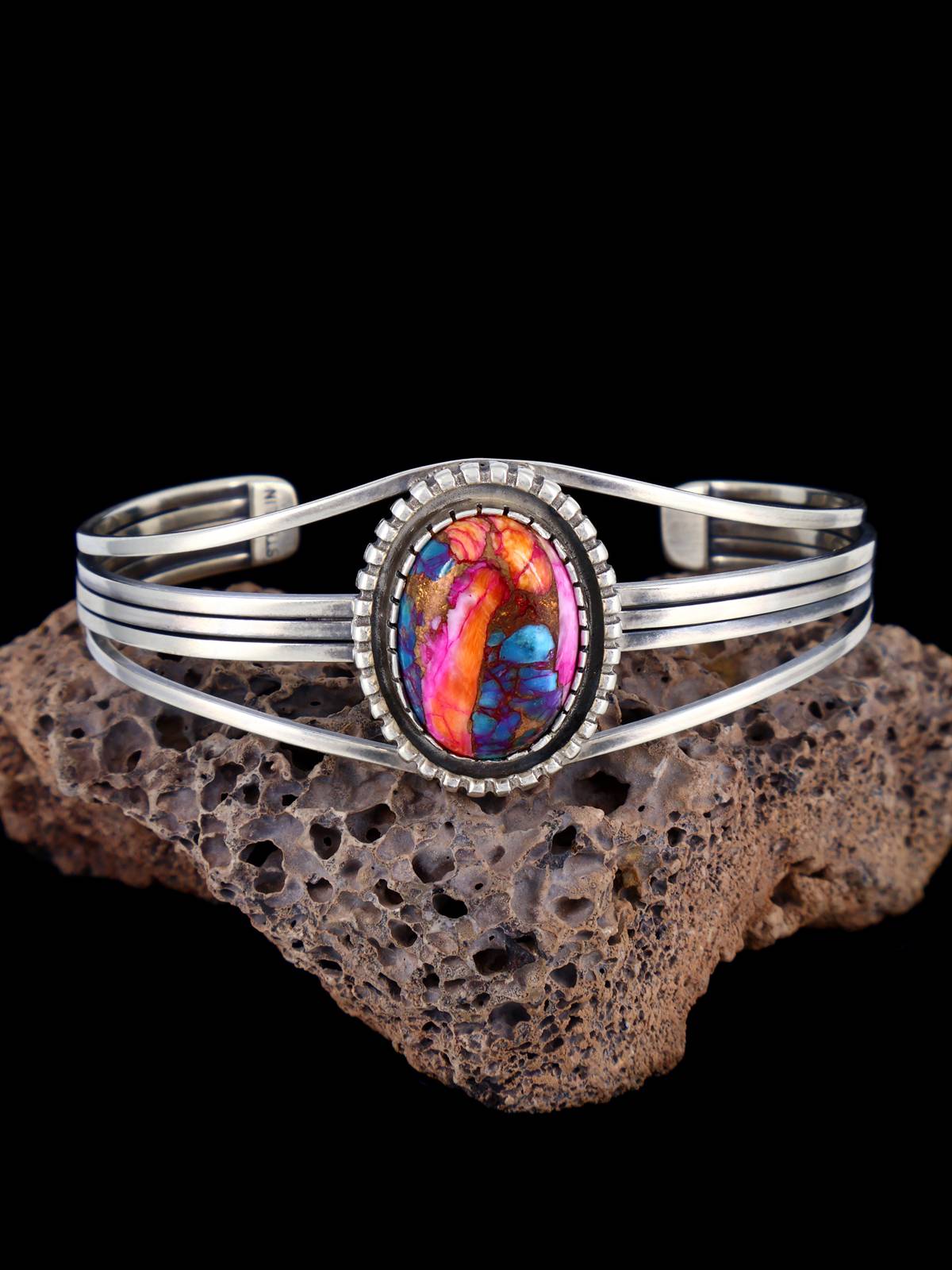 Navajo Compressed Turquoise and Spiny Oyster Sterling Silver Cuff