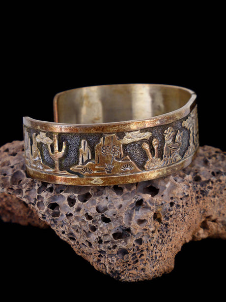 Vintage Navajo Sterling Silver Storyteller Overlay Cuff Bracelet