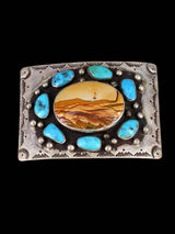 Vintage Southwest Sterling Silver Rocky Butte Picture Jasper and Turquoise Belt Buckle - PuebloDirect.com