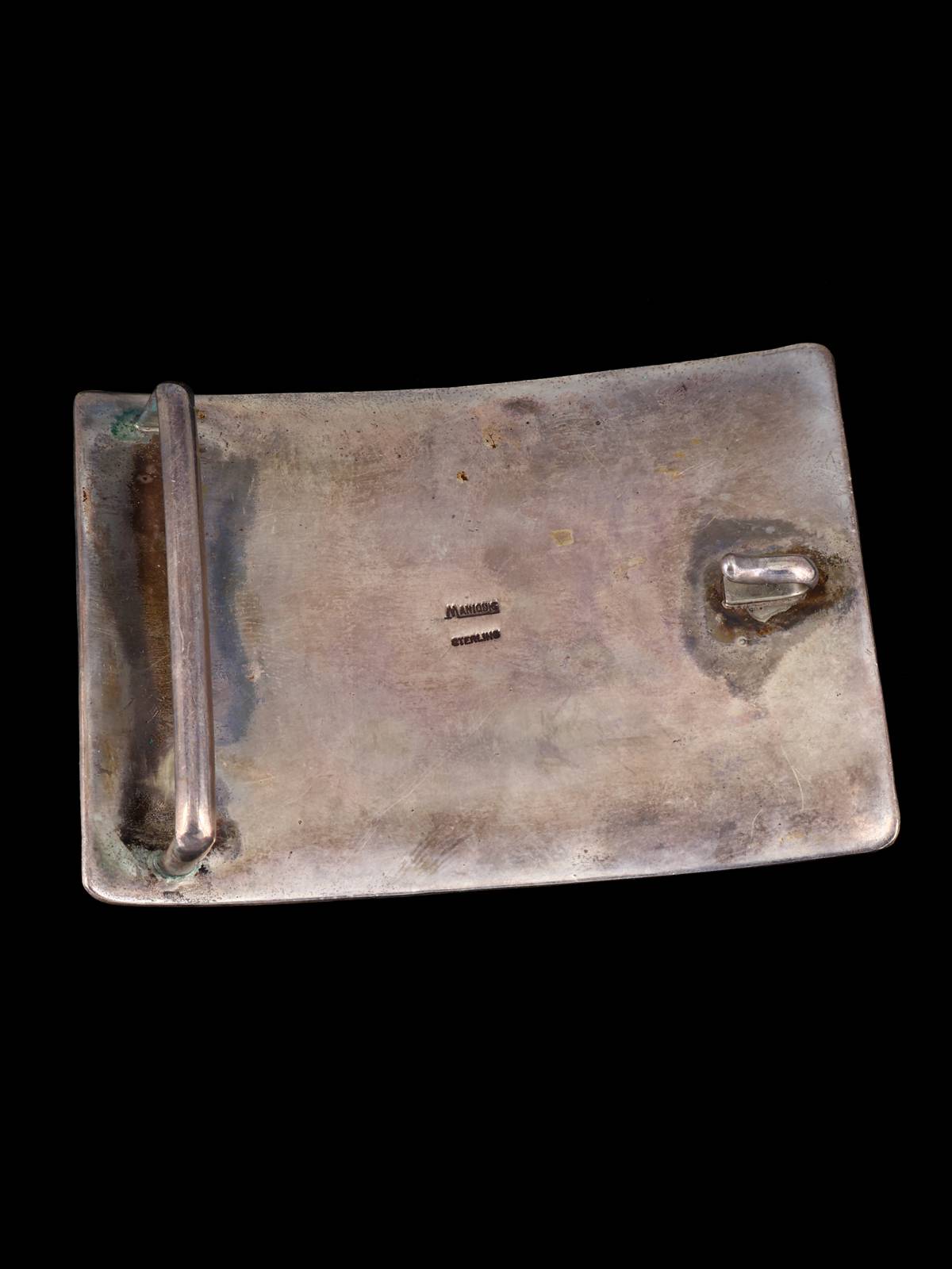 Vintage Southwest Sterling Silver Rocky Butte Picture Jasper and Turquoise Belt Buckle - PuebloDirect.com