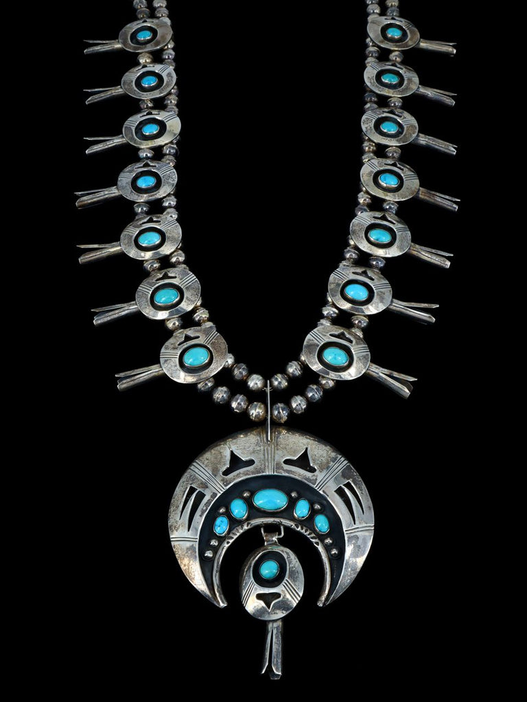 Heavy Vintage Native American Turquoise Sterling Silver Squash Blossom Necklace - PuebloDirect.com