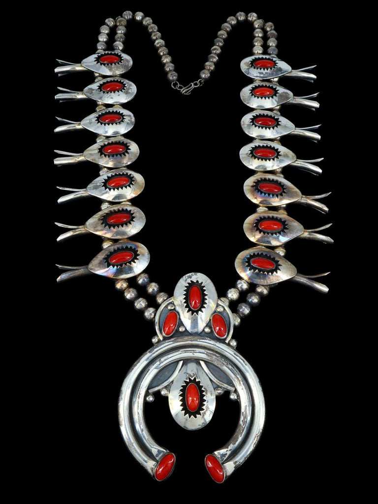 Heavy Vintage Native American Natural Coral Sterling Silver Squash Blossom Necklace - PuebloDirect.com