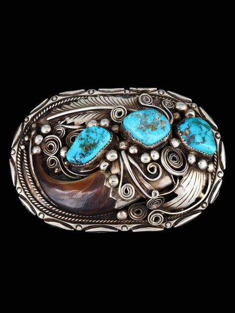 Estate Native American Sterling Silver Turquoise Bear Claw Belt Buckle - PuebloDirect.com