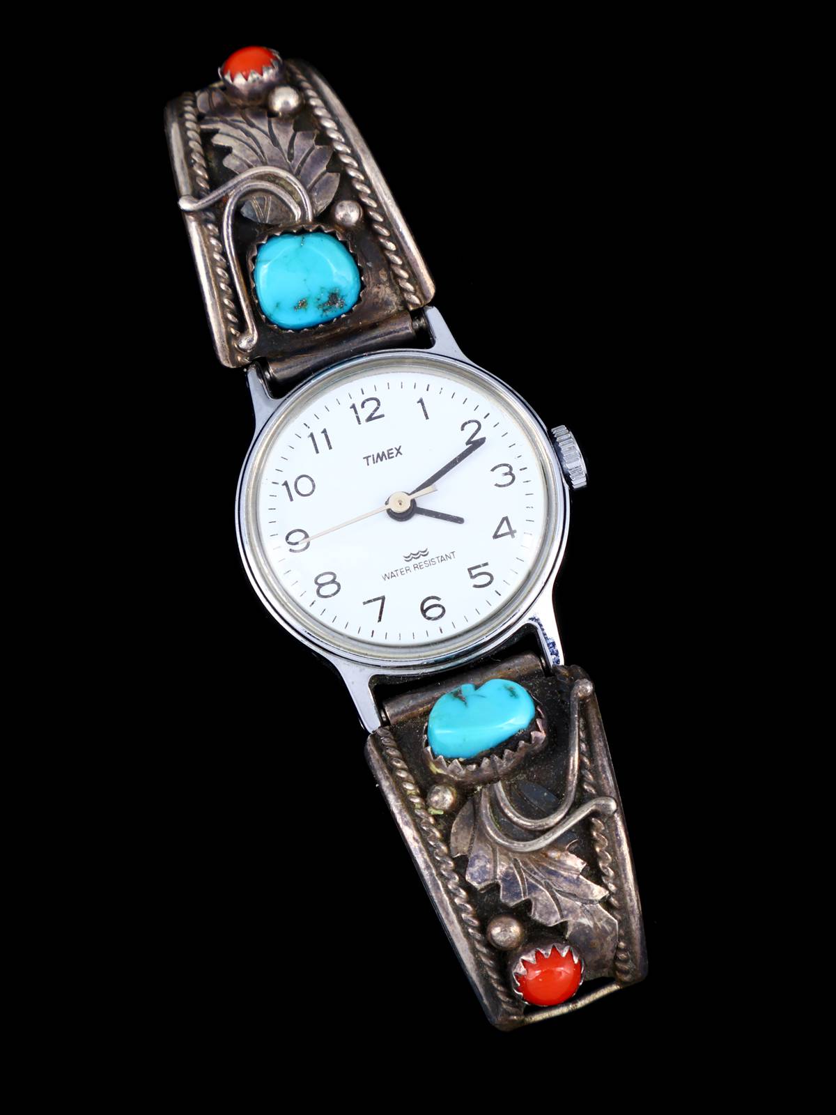 Estate Navajo Jewelry Sterling Silver Turquoise & Coral Ladies' Watch - PuebloDirect.com