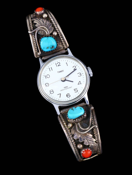 Estate Navajo Jewelry Sterling Silver Turquoise & Coral Ladies' Watch - PuebloDirect.com