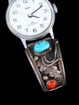 Estate Navajo Jewelry Sterling Silver Turquoise & Coral Ladies' Watch - PuebloDirect.com