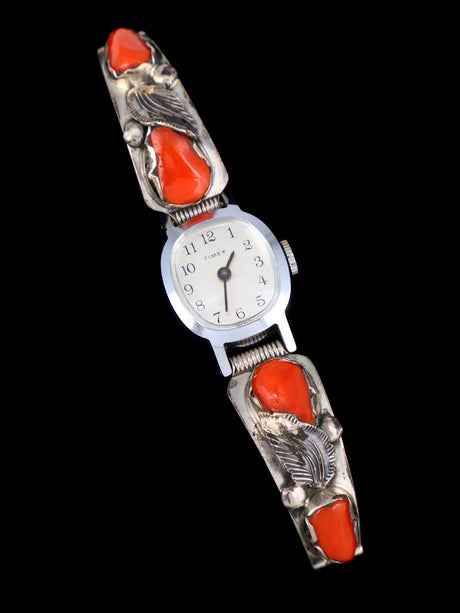 Vintage Zuni Jewelry Sterling Silver Coral Watch - PuebloDirect.com