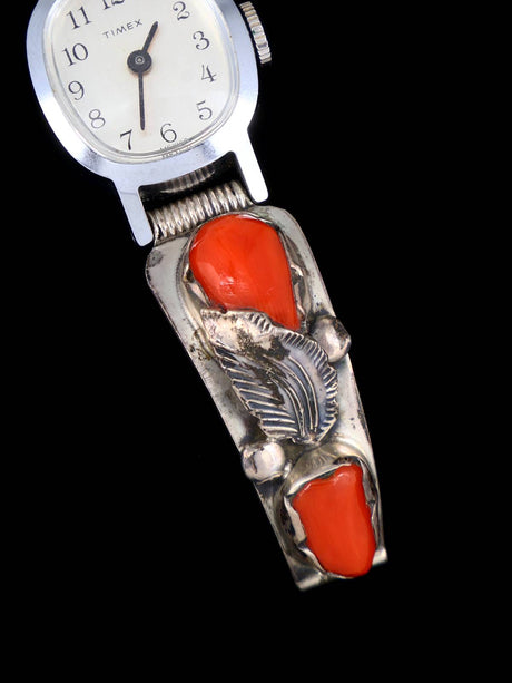 Vintage Zuni Jewelry Sterling Silver Coral Watch - PuebloDirect.com