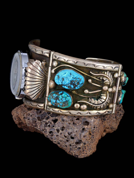 Estate Navajo Jewelry Heavy Turquoise Sterling Silver Watch - PuebloDirect.com