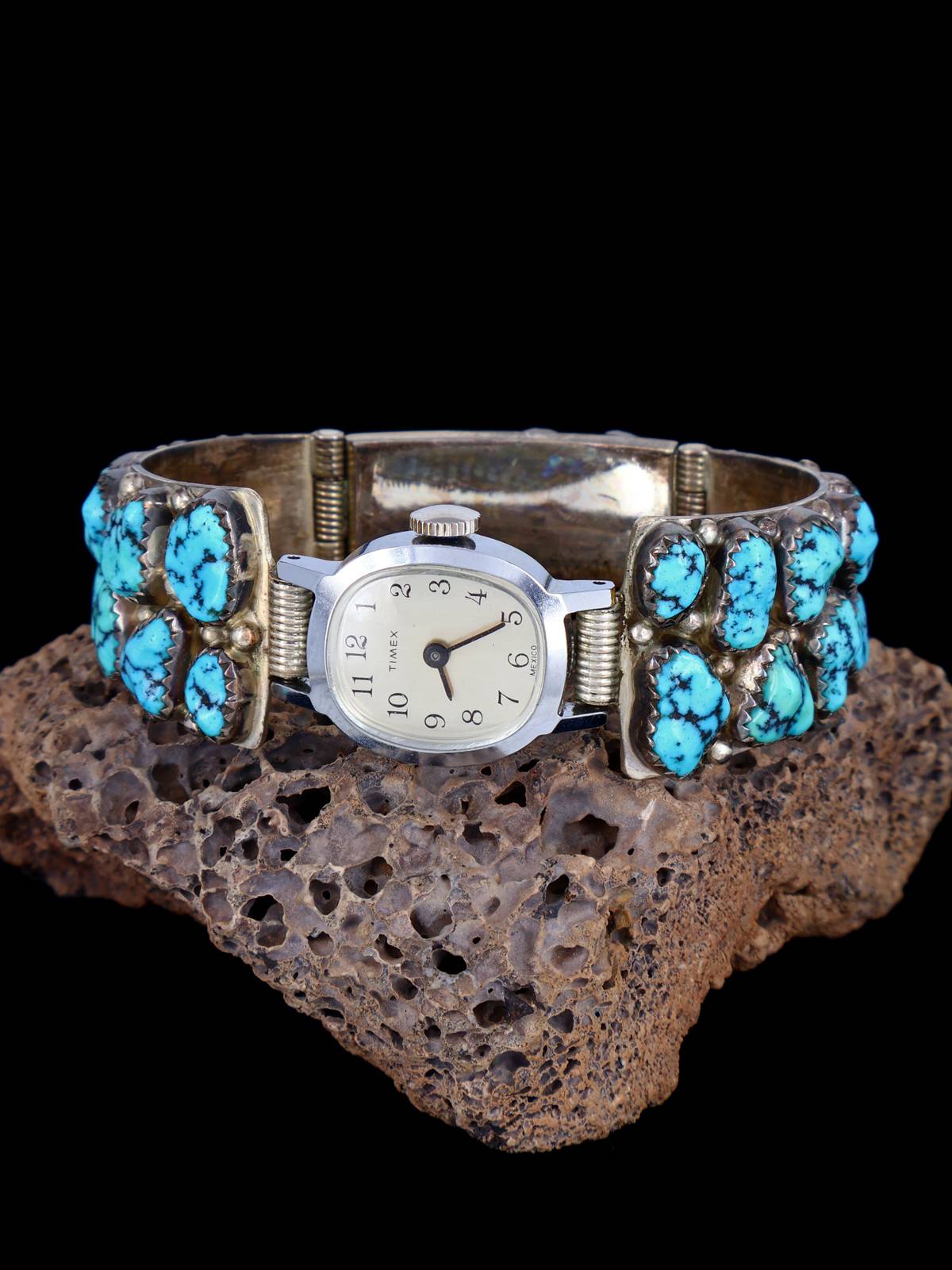Estate Vintage Navajo Jewelry Kingman Turquoise Sterling Silver Watch - PuebloDirect.com