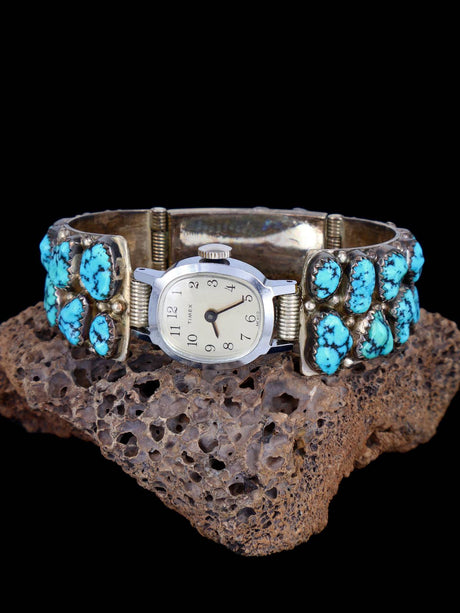 Estate Vintage Navajo Jewelry Kingman Turquoise Sterling Silver Watch - PuebloDirect.com