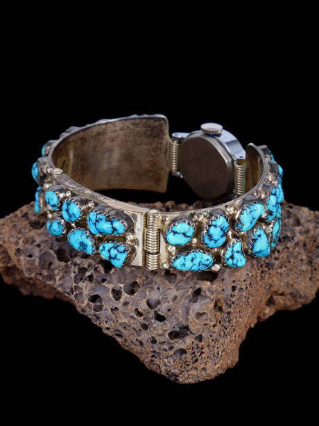 Estate Vintage Navajo Jewelry Kingman Turquoise Sterling Silver Watch - PuebloDirect.com