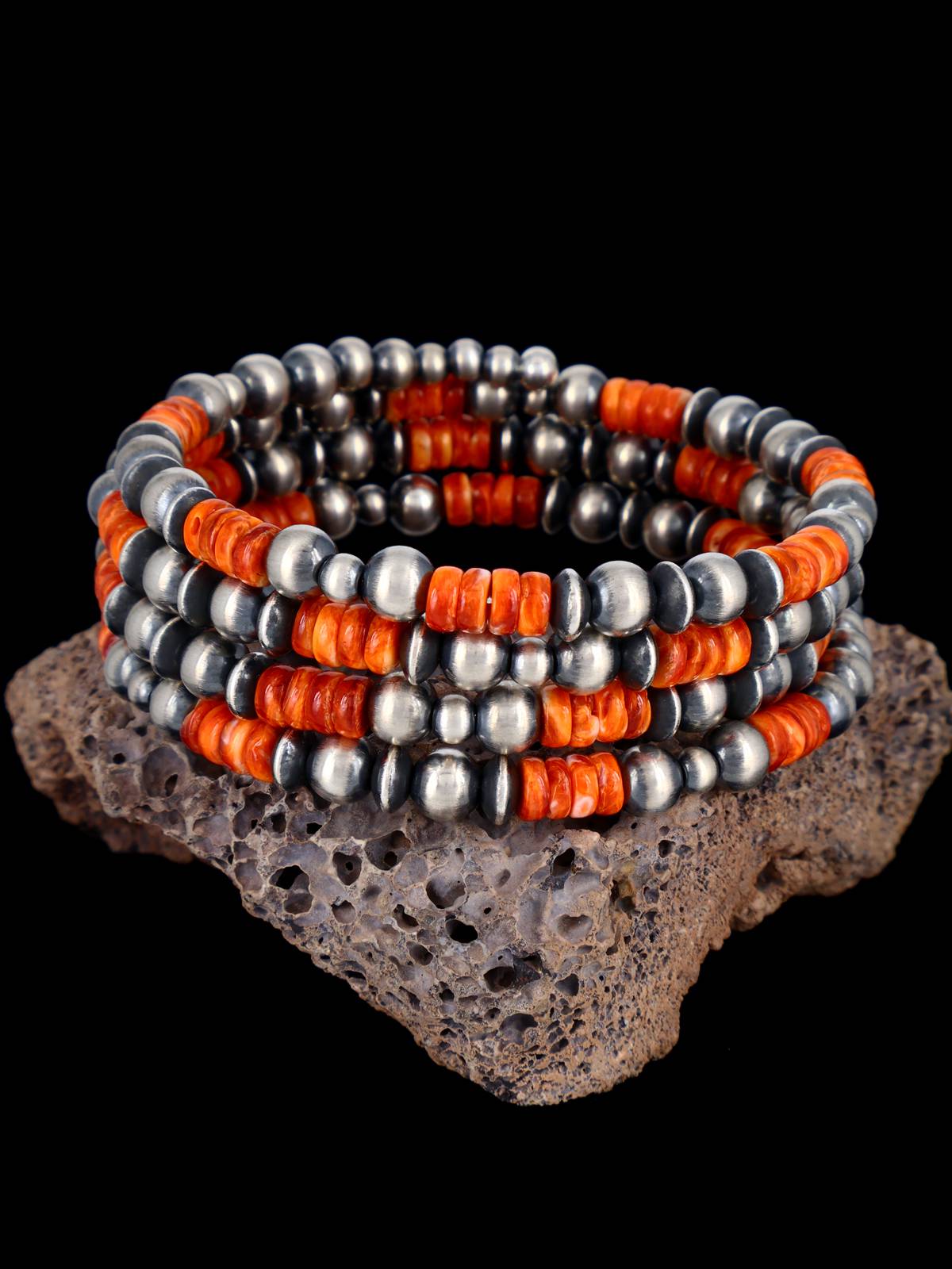 Sterling Silver Spiny Oyster Bead Wrap Bracelet - PuebloDirect.com