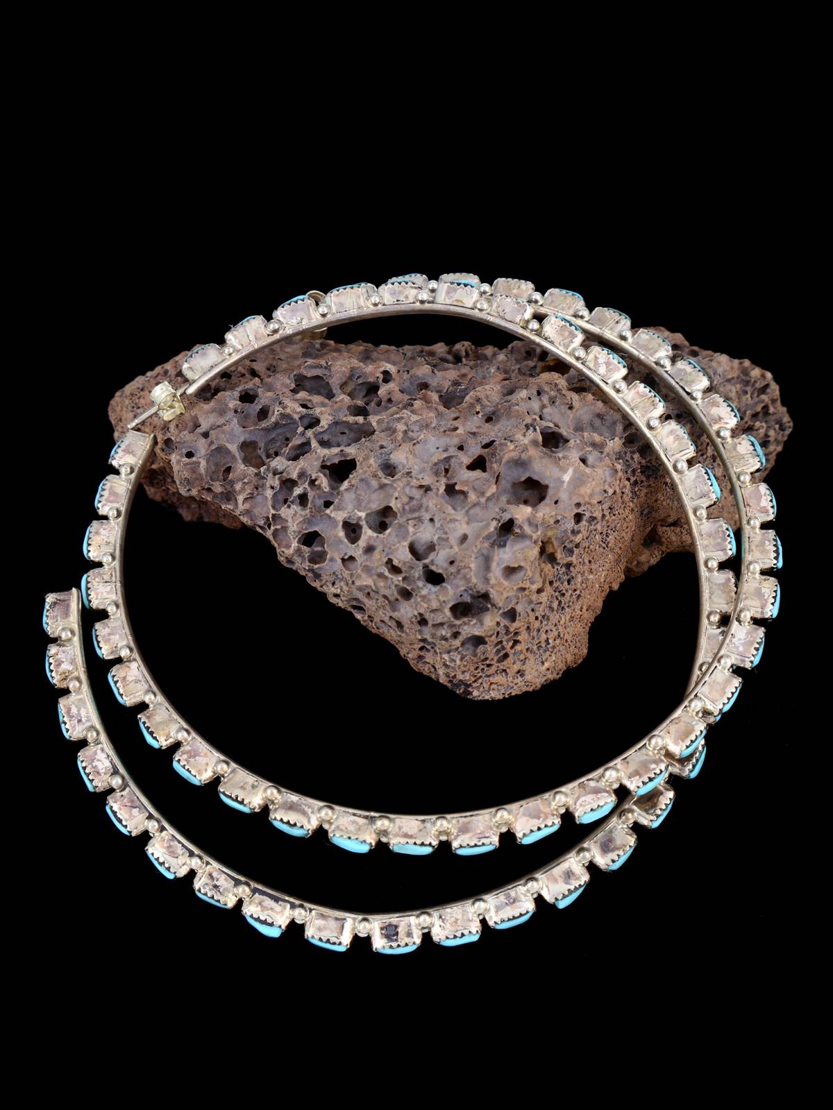 Large Zuni Turquoise Hoop Post Earrings - PuebloDirect.com
