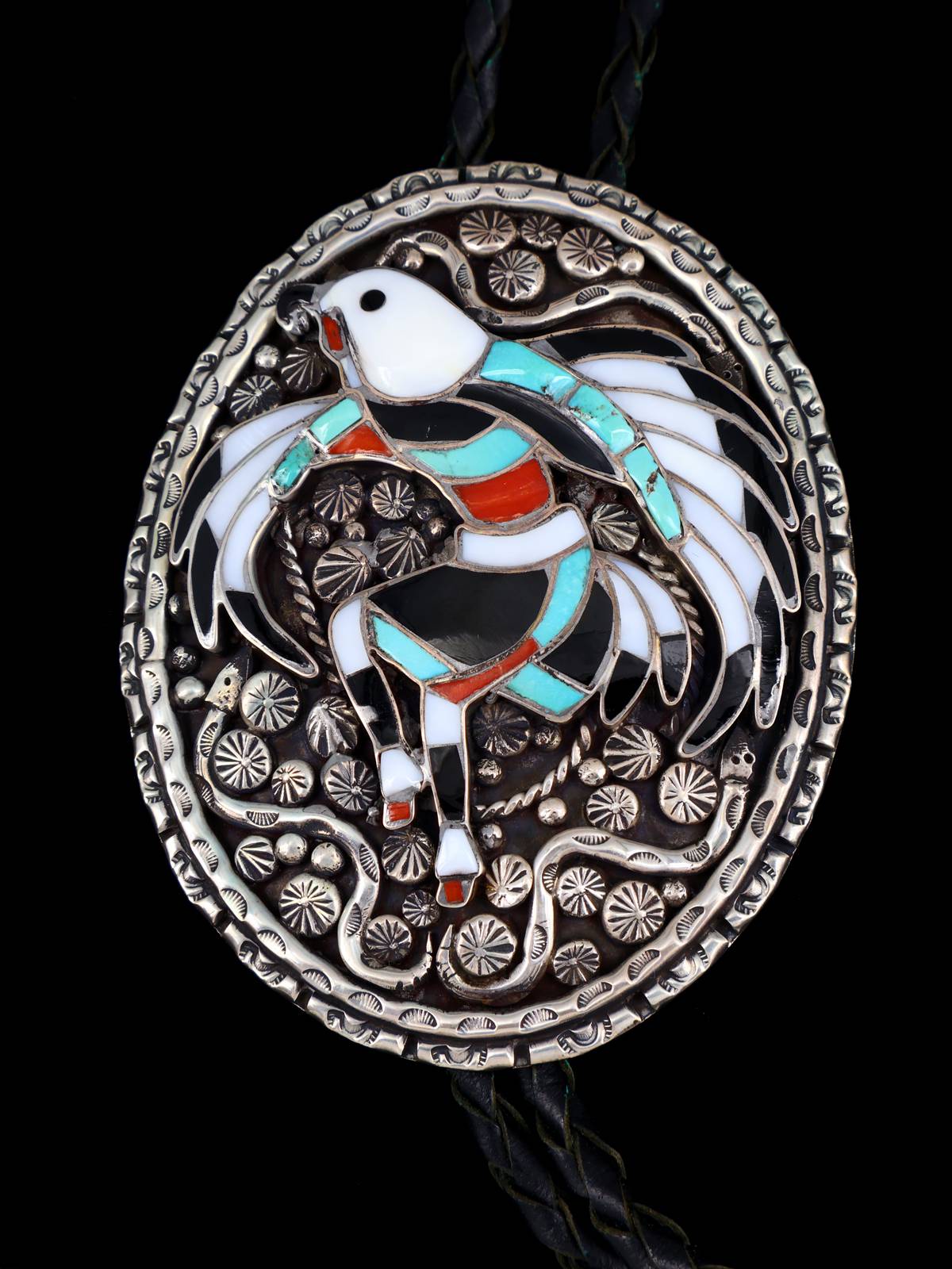 Old Zuni Inlay Jewelry Sterling Silver Dancing Eagle Bolo and Buckle Set