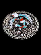 Old Zuni Inlay Jewelry Sterling Silver Dancing Eagle Bolo and Buckle Set