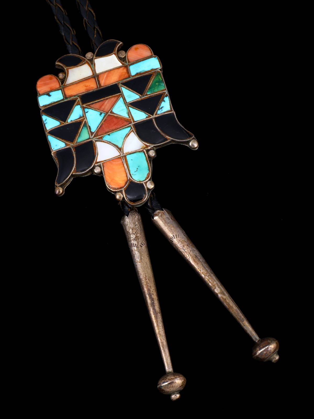 Old Estate Zuni Sterling Silver Inlay Masonic Double Eagle Bolo Tie