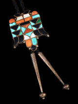 Old Estate Zuni Sterling Silver Inlay Masonic Double Eagle Bolo Tie