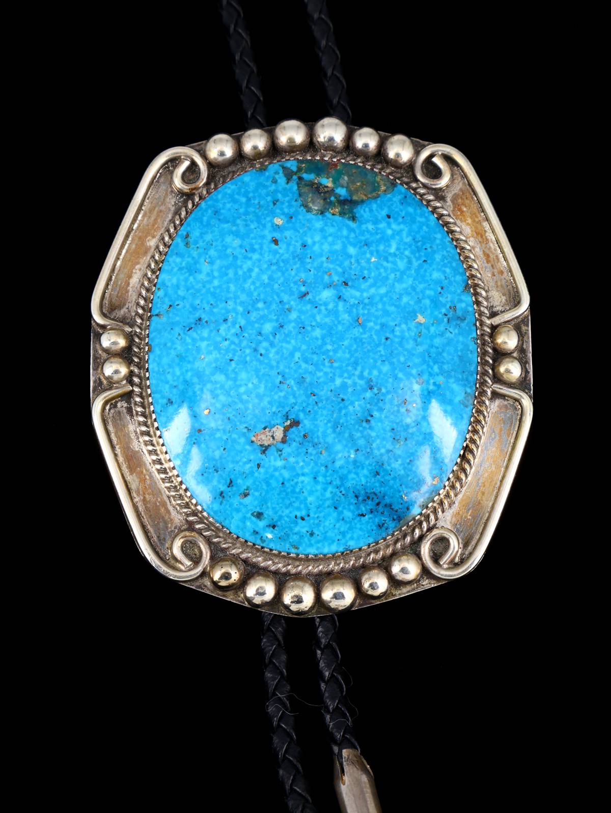 Vintage Estate Southwest Jewelry Large Sterling Silver Turquoise Bolo Tie - PuebloDirect.com