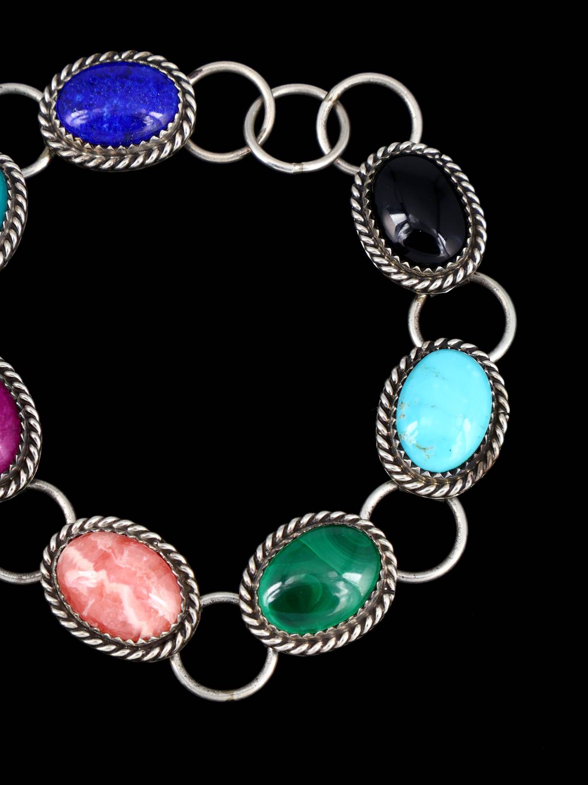 Estate Southwest Multistone Sterling Silver Link Bracelet
