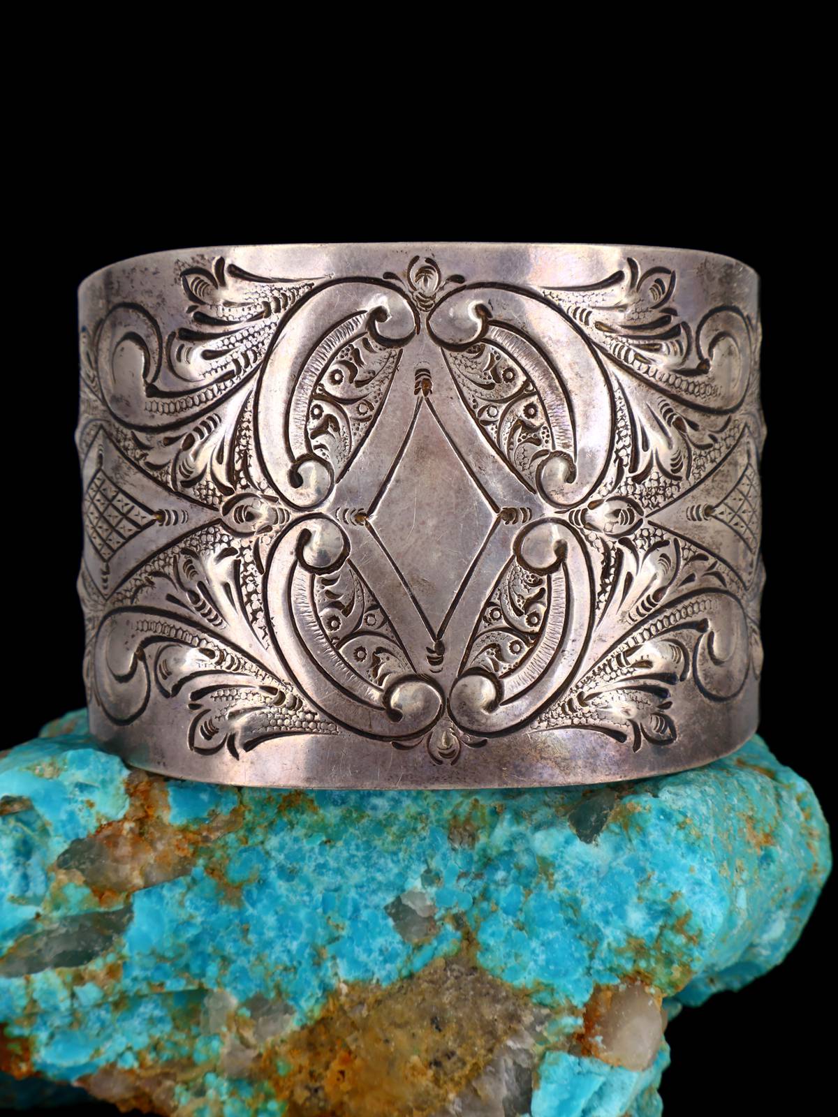 Vintage Estate Sterling Silver Hand Chased Wide Cuff Bracelet - PuebloDirect.com