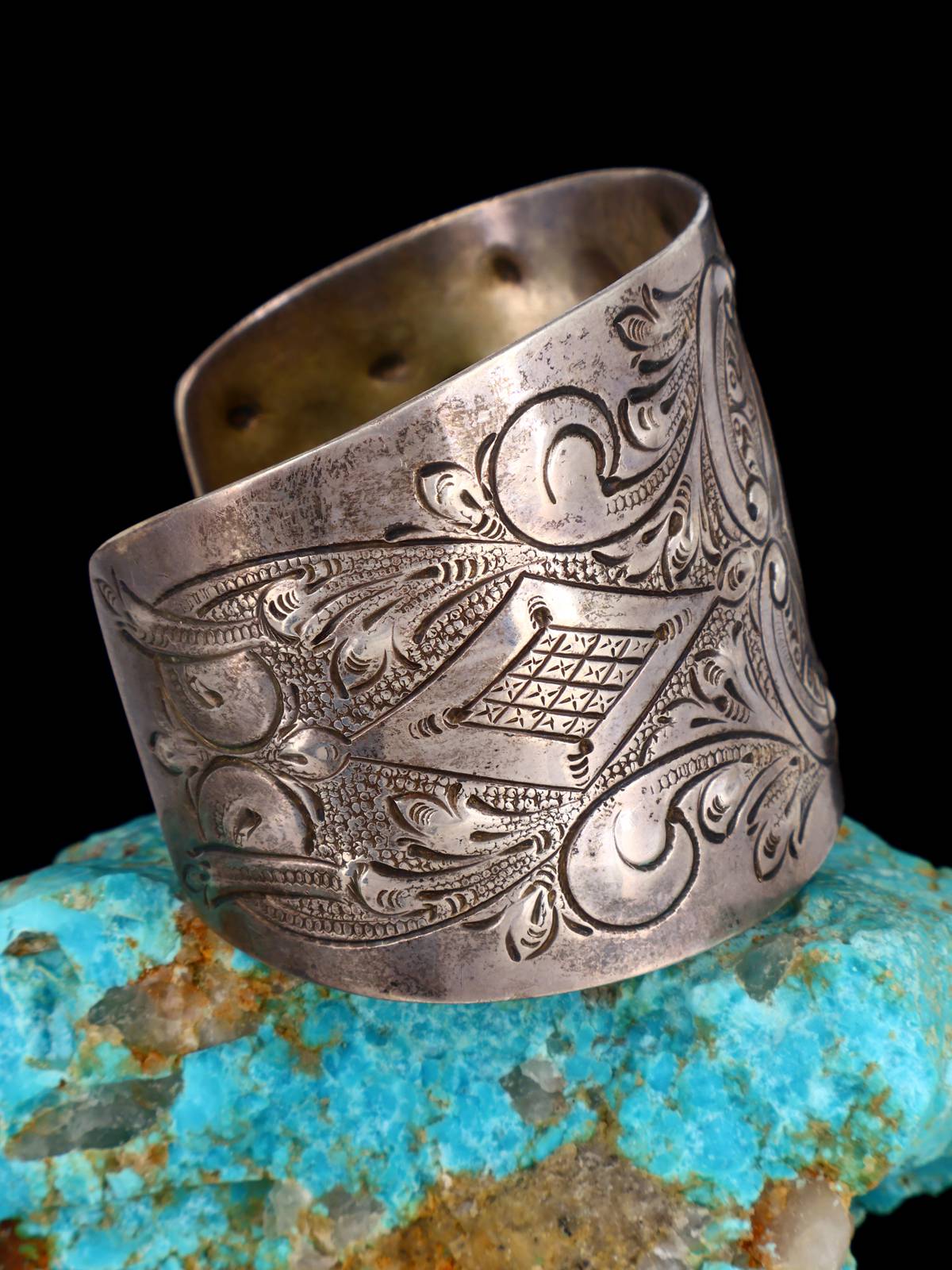 Vintage Estate Sterling Silver Hand Chased Wide Cuff Bracelet - PuebloDirect.com