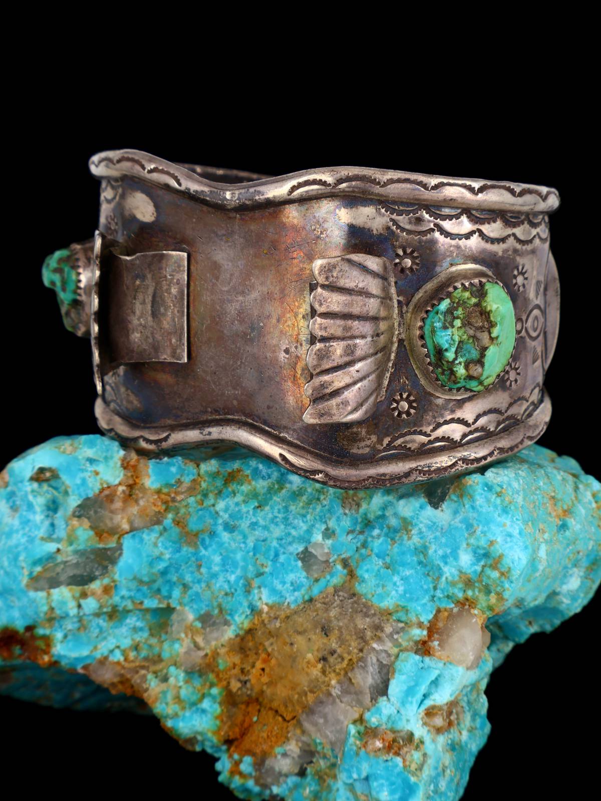 Estate Indian Jewelry Turquoise Sterling Silver Cuff Watch - PuebloDirect.com